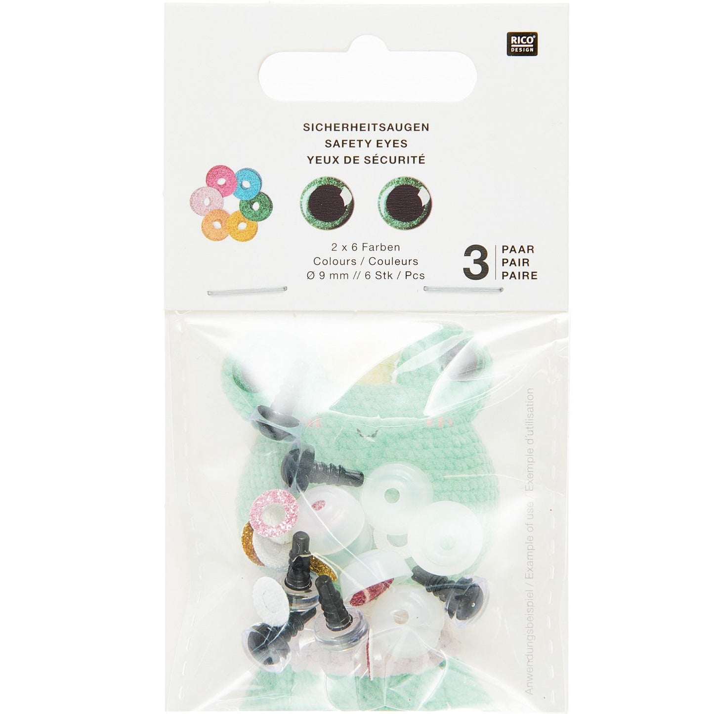 Sicherheitsaugen-Set für Kuscheltiere 6 Farben 3 Paar 9/12 mm